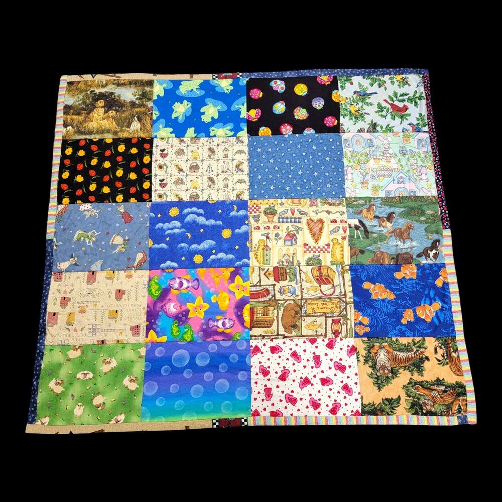 Handmade Jesus Loves Literacy Quilt I-Spy Patchwork Baby Blanket Religious 42x38